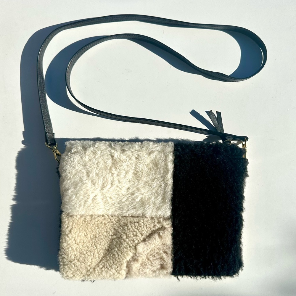 Prime Cut Shearling Colorblock Black and Cream Fur Crossbody / Clutch Bag 10”x8”